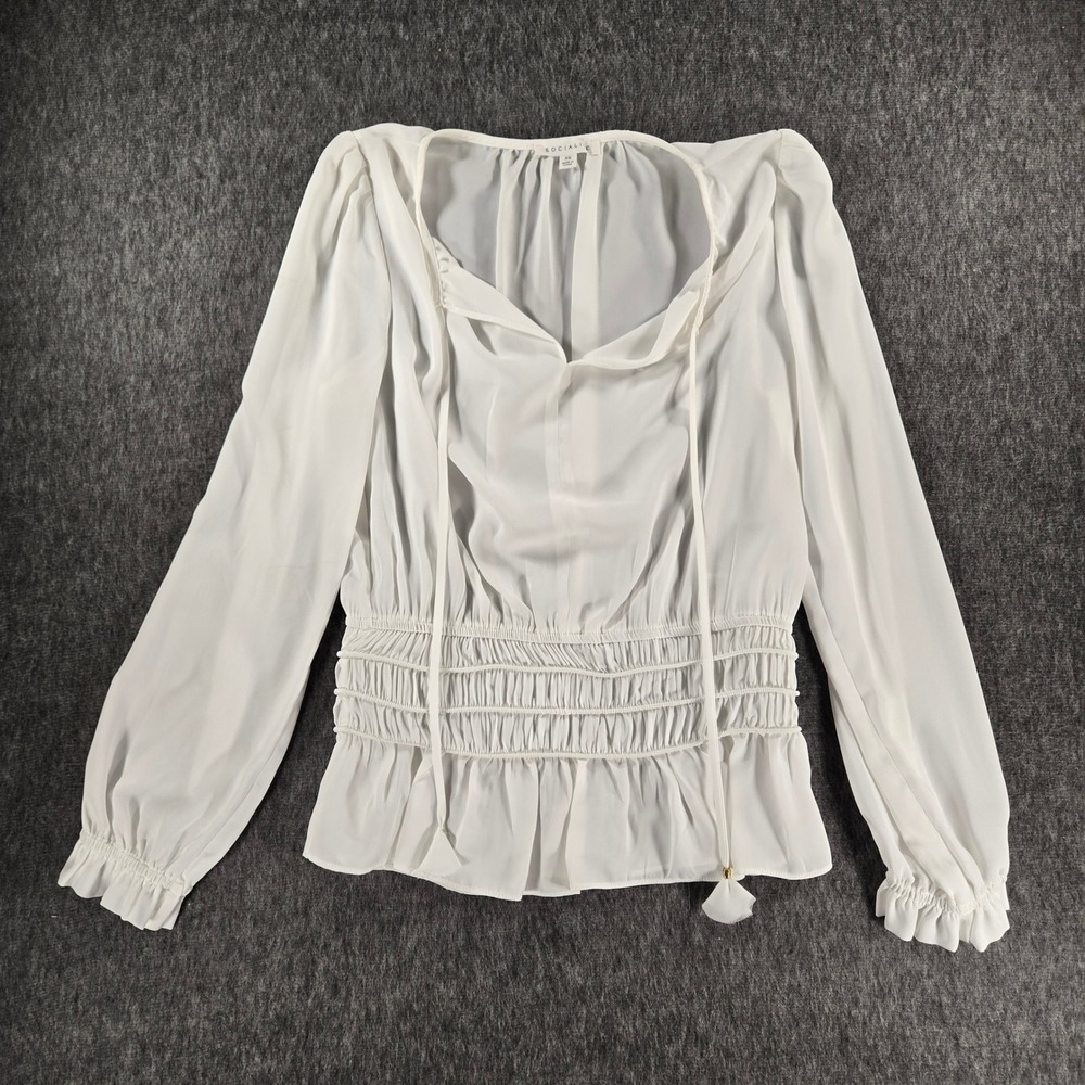 Socialite Blouse Womens XS White Smocked Waist Peplum Long Sleeve Festival Boho